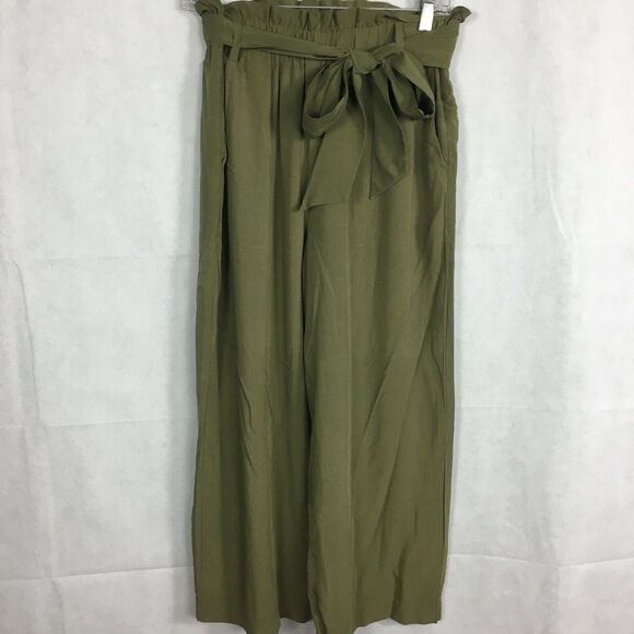 Point Sur Pants Womens Sz 2 Olive Green Cropped Paper Bag Belted Wide Leg